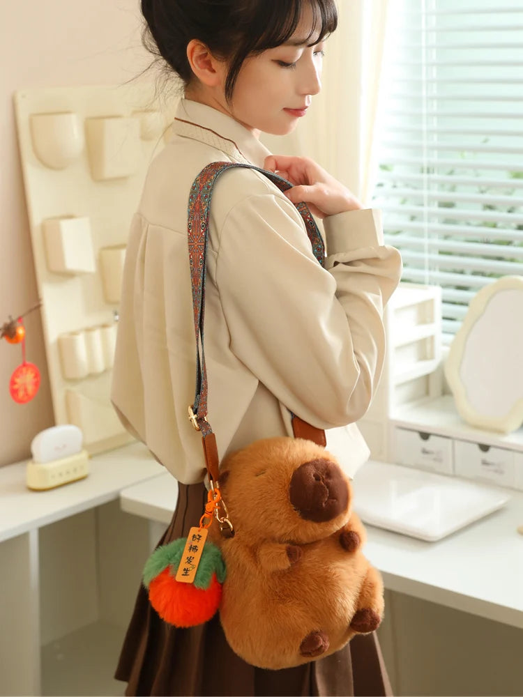 High Quality Fluffy Capybara Plush Bag Furry Stuffed Animal Capybara Soft Shoulder Bag with Cute Fruit Charm Decor for Girl
