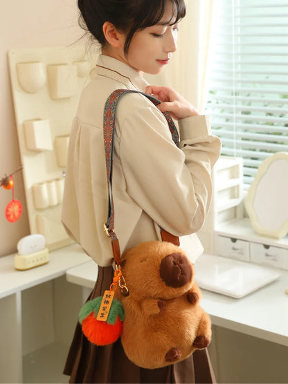High Quality Fluffy Capybara Plush Bag Furry Stuffed Animal Capybara Soft Shoulder Bag with Cute Fruit Charm Decor for Girl