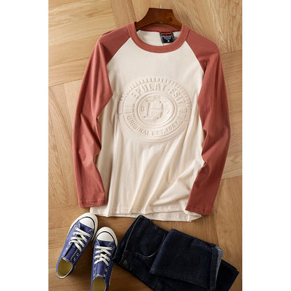 Summer New American Retro Long-sleeved O-neck 3D Letter Printed T-shirt Men's Fashion Simple 100%Cotton Washed Casual Sport Tops