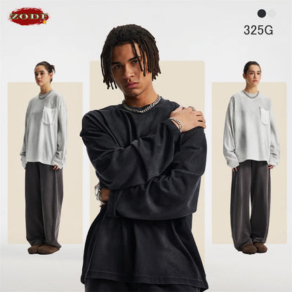 ZODF Retro Man's 325gsm Cotton Full Sleeve T-Shirts Unisex Distressed Wastland Style Monkey Washed T Shirt Tees HY1160