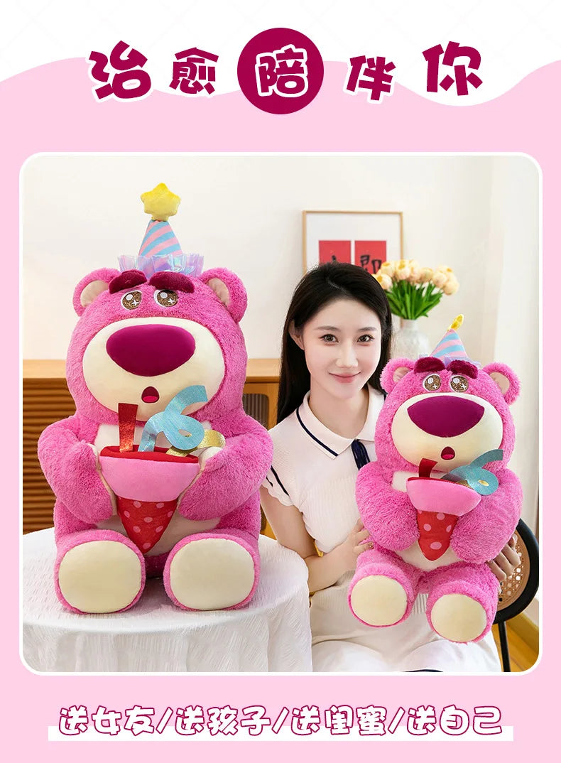 Disney Plush Strawberry Bear Doll with Birthday Hat Cute Stuffed Animal for Kids Birthday Xmas Gift Perfect Toy for Children And