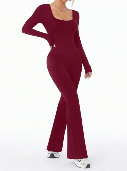 High Quality Solid Color Long Sleeve Compression Jumpsuit with Bell Bottom Pants Women’s Yoga Sportswear Push Up Set