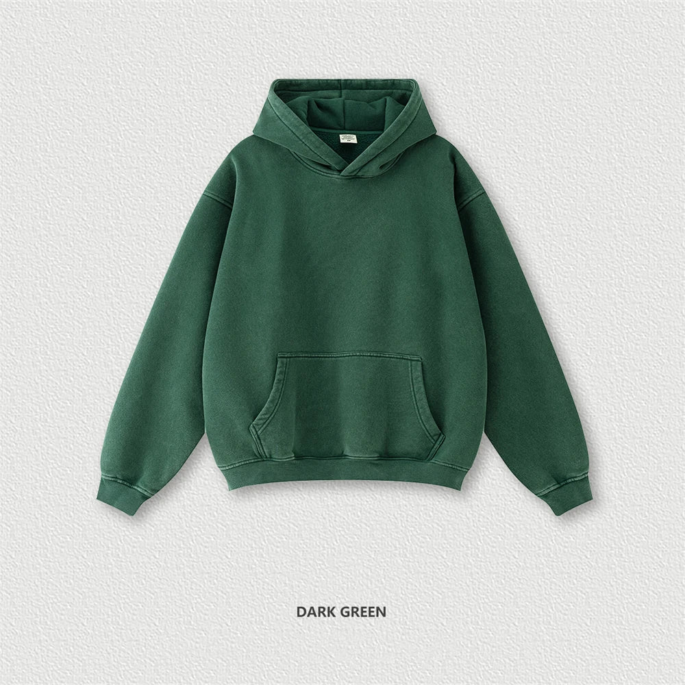 ZODF Retro Men’s Winter Washed Fleece Hoodie 360gsm Warm Knitted Loose Hooded Pullover Streetwear HY0887 - green / L
