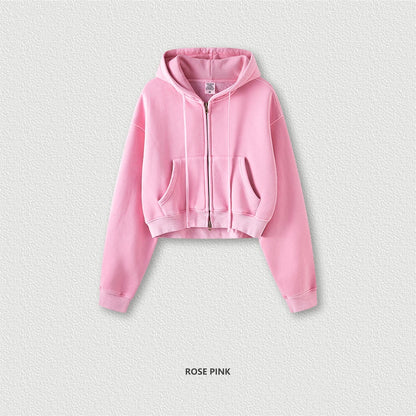 ZODF Retro 2025 Winter Women Short Zipper Hoodies Female Girls Loose 355gsm Thick Fleece Hooded Zip-up Coat Streetwears HY0448