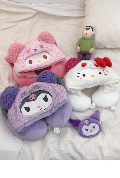 Stuffe Anime Hooded U-shaped Neck Pillow Hello Kitty Kuromi My Melody Travel Blackout Neck Pillow Office Nap Pillow Girl