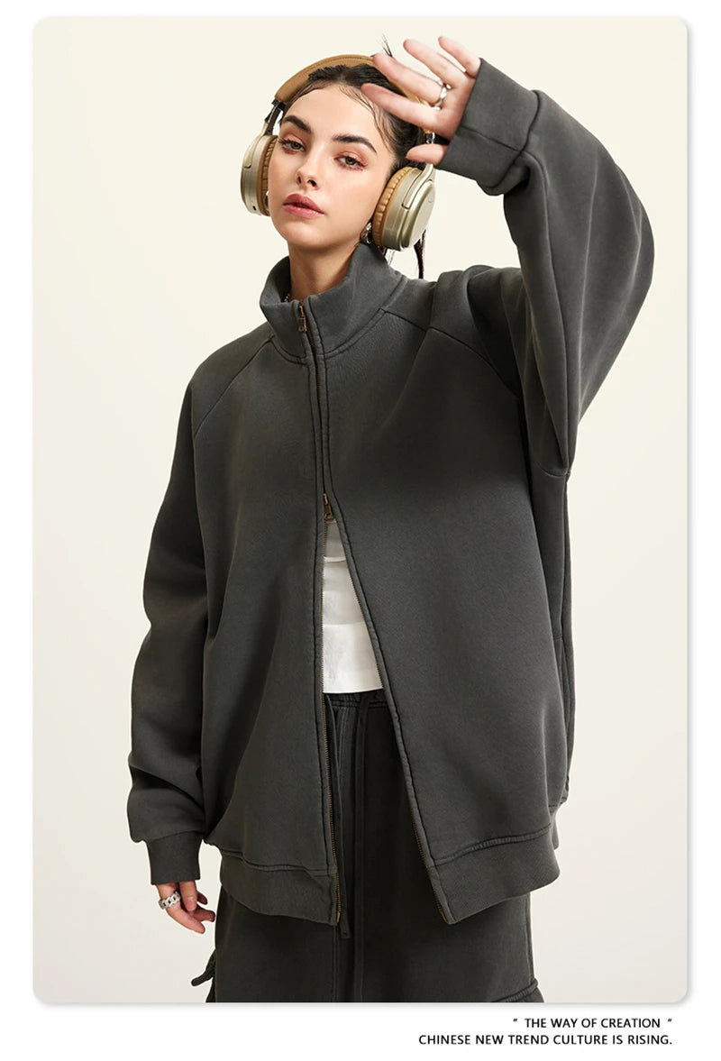 ZODF Retro Winter Men Washed Fleece Zipper Jackets Unisex Loose Oversized 400gsm Raglan Sleeve Coats Streetwears HY0649