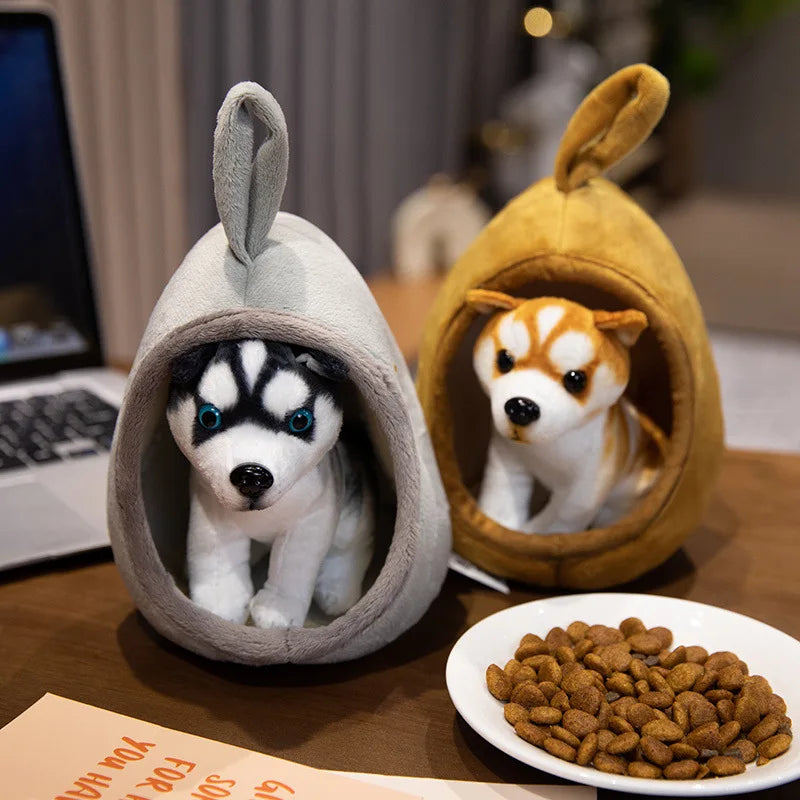 Cute Lifelike Husky & Akita Ultra-Soft Plush Stuffed Toys With A Tiny Cozy Dog Bed Cloth Dolls  Pet Lovers And Plush Collectors