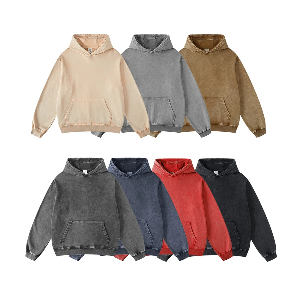 ZODF Retro Men Heavyweight Washed Cotton Hoodies Unisex Loose Thick 420gsm Hooded Sweatshirts Pullovers Coats HY0466