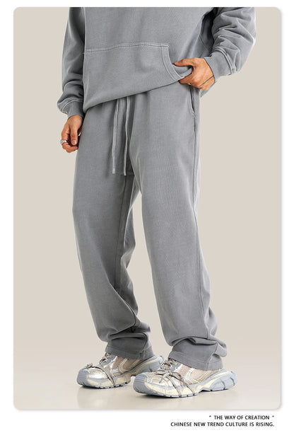ZODF Retro Men Autumn Washed 380gsm Cotton Unisex High Street Oversized Solid Sport Straight Pants HY0885