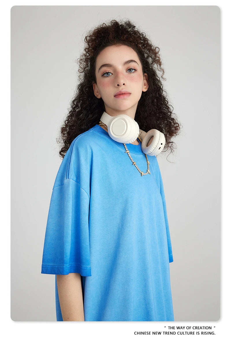 ZODF 2023 Men's Summer 255G Wash Gradient Fried Cotton T Shirt Round Neck Short Sleeve American Retro Loose T-Shirt HY0547