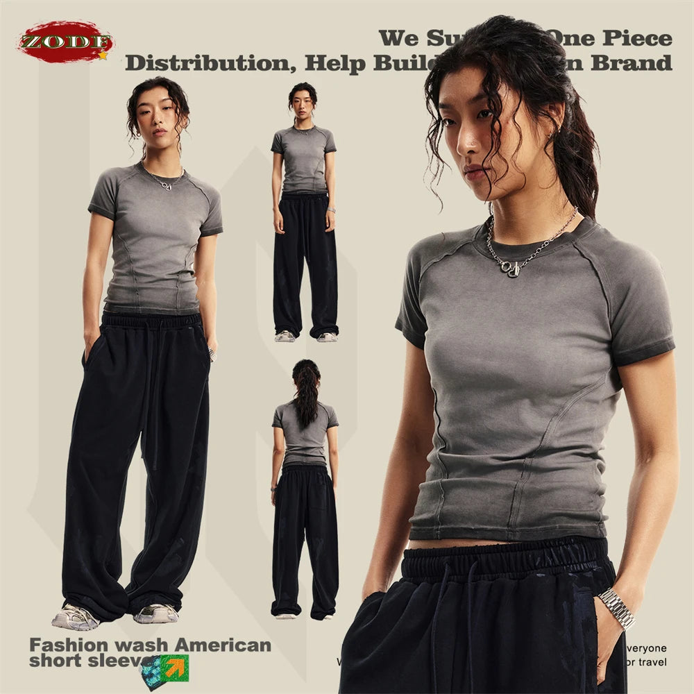 ZODF 2024 Summer Hotweet Washed T Shirt For Women Girls Gradient Raglan Sleeve Comfortable Short Tees Brand Tees HY0826