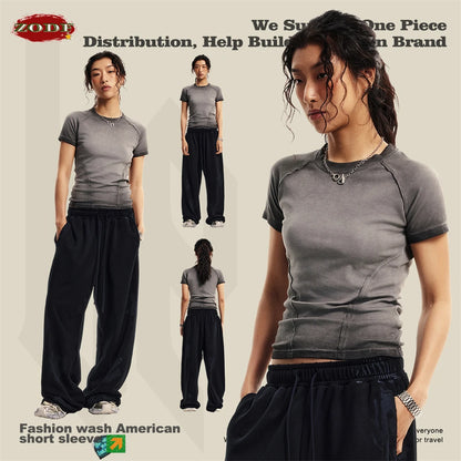 ZODF 2024 Summer Hotweet Washed T Shirt For Women Girls Gradient Raglan Sleeve Comfortable Short Tees Brand Tees HY0826