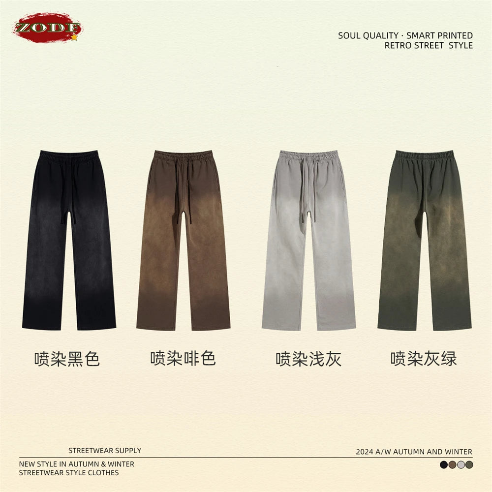 ZODF Retro Autumn Men's Washed Pants Retro Unisex Heavy Weight 450gsm Sports Knitted Straight Trouser Brand Clothes HY0916