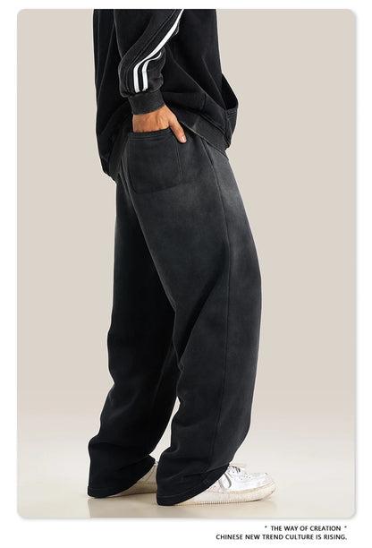 ZODF Retro Winter Monkey Washed Fleece Pants For Men Unisex Washed High Street 332gsm Warm Oversized Straight Trousers HY0892