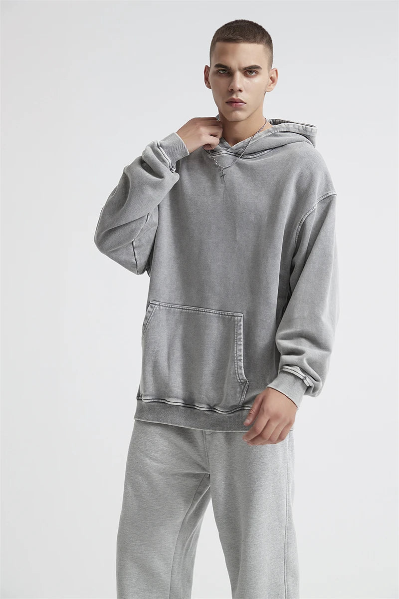 ZODF Autumn Winter Men 420gsm Heavyweight Washed Cotton Hoodie Streetwear Sweatshirt HY0307