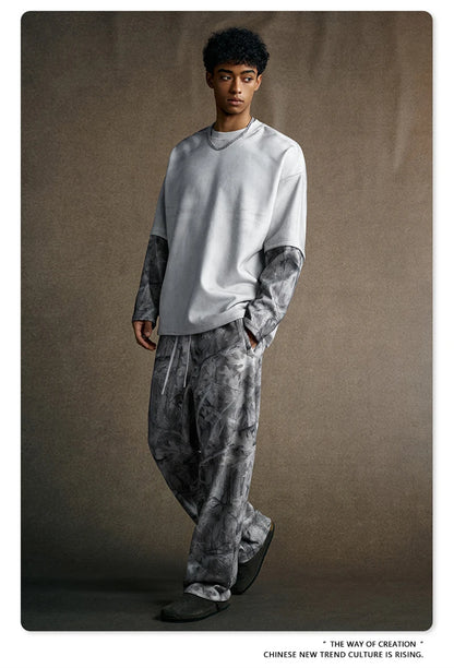 ZODF 2025 Autumn 340gsm Fake 2-Piece T-Shirt For Man Unisex Oversized Heat Transfer Printing Long Sleeve T Shirts Tee HY1151