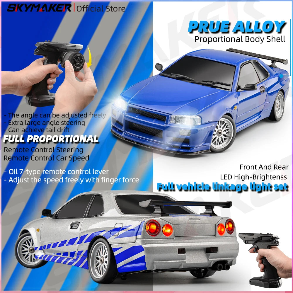 Skymaker LDRC 1/18 RC Drift Car LD1899 GTR Mode R34 2.4GHz RWD with Gyroscope on-Road Alloy Body Shell Racing Car for Boys Gifts