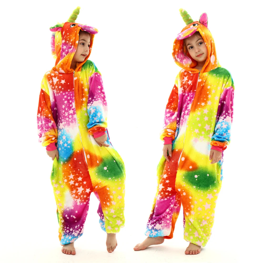 Kigurumi Kids Unicorn Fox Pajamas Winter Soft Warm Toddler Boy Jumpsuit Teen Girl Pijamas Zipper Hooded Animal Cosplay Costumes