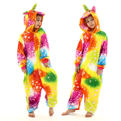 Kigurumi Kids Unicorn Fox Pajamas Winter Soft Warm Toddler Boy Jumpsuit Teen Girl Pijamas Zipper Hooded Animal Cosplay Costumes
