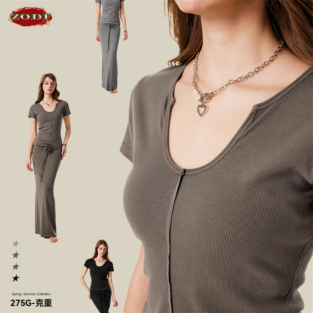 ZODF Women Retro 2025 Summer 275gsm U Collar Washed T-Shirts Hotsweet Girls Sexy Slim Fit T Shirt Brand Tees HY0992