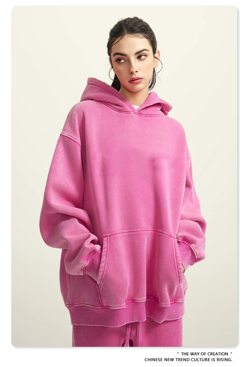 ZODF Winter Autum Men's Washed 400gsm Fleece Hoodies Unisex Couple Retro Oversized Ripped Hooded Sweatshirts Pullovers HY0652