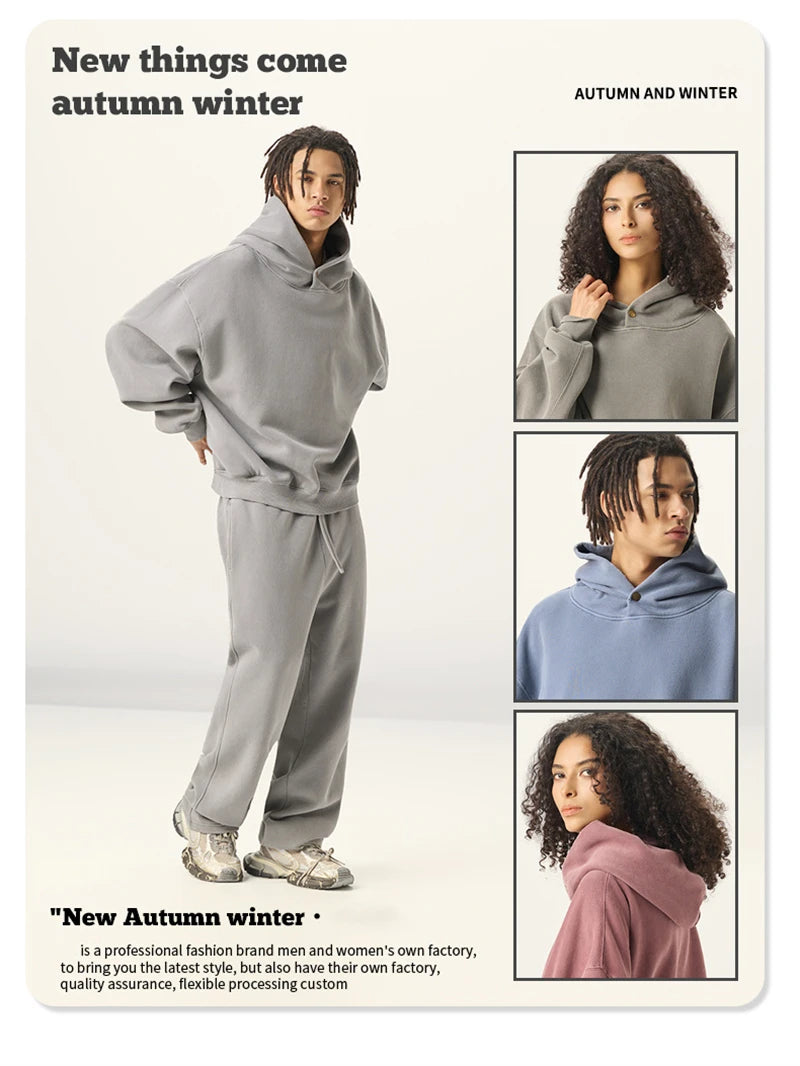 ZODF Vintage 350gsm Man Washed Boxy Fleece Hoodie Unisex Loose Ripped Warm Button Winter Hooded Pullovers Brand Clothing HY0053