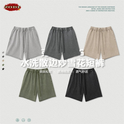 ZODF New 2025 Men Summer Loose Edge Washed Cotton Shorts Unisex Retro High Street Distressed 330gsm Shorts Brand Clothes HY1056