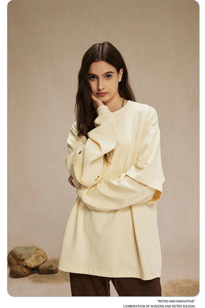 ZODF Fashion Spring Autumn Men 100% Cotton T-Shirt Unisex Fake 2-Piece 305gsm Solid Full Sleeve O Neck T Shirt Brand Tees HY0925