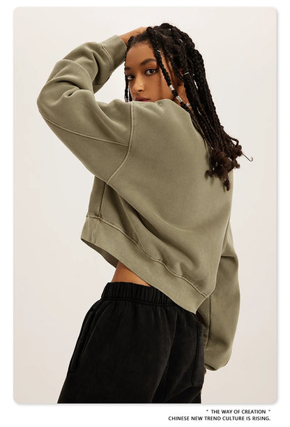 ZODF Winter Women Short Fleece Cropped Sweatshirts Girls Female Hip Hop Loose 400gsm V-Neck Pullovers Brand Tops HY0437