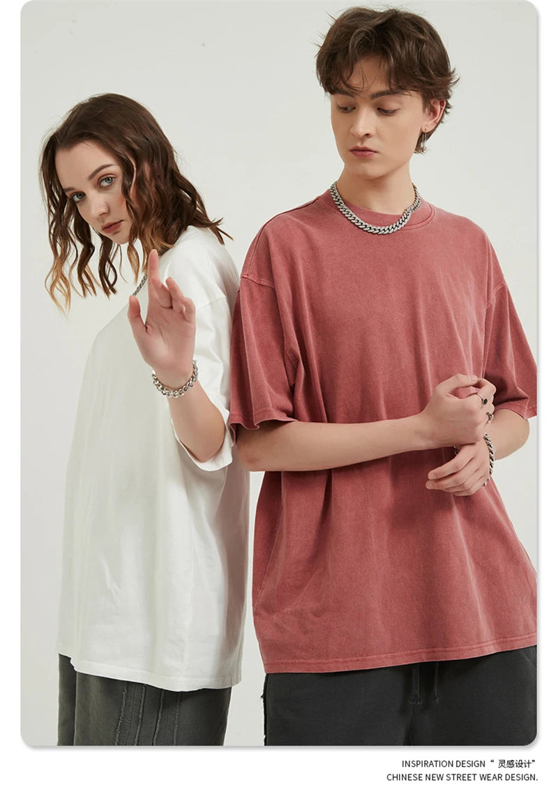 ZODF Men 2024 Retro Summer Washed Solid Cotton T-Shirts Unisex Retro Loose High Street 250gsm Basic Tees Streerwears HY0075