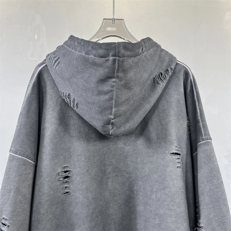 ZODF Vintage Winter Men Distressed 450gsm Hoodies Unisex High Street Ripped Holes Elastic Hem Hooded Pullovers Coat HY0932