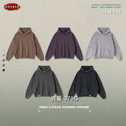 ZODF Vintage 2025 Autumn 370gsm Fake 2-Piece Hoodies For Man Unisex Washed Fire Snowflake Hooded Pullovers Terry Coats HY1108