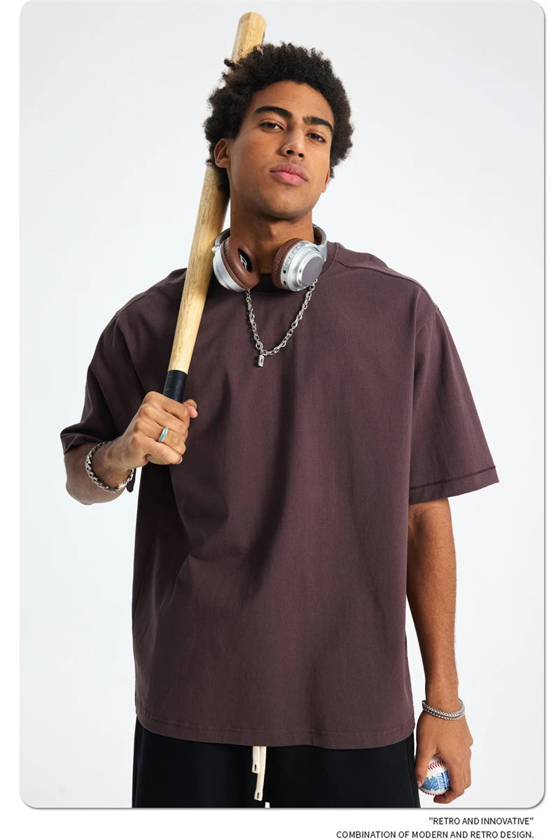 ZODF Trendy 2025 Men 275gsm Cotton T-Shirts Unisex Summer Patchwork Solid O Neck T Shirt Brand Tees HY1045