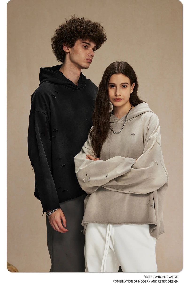 ZODF New Autumn Winter Men Monkey Washed Hoodies Unisex Disstressed Ripped Heavyweight Knitted 450gsm Hooded Pullovers HY0909