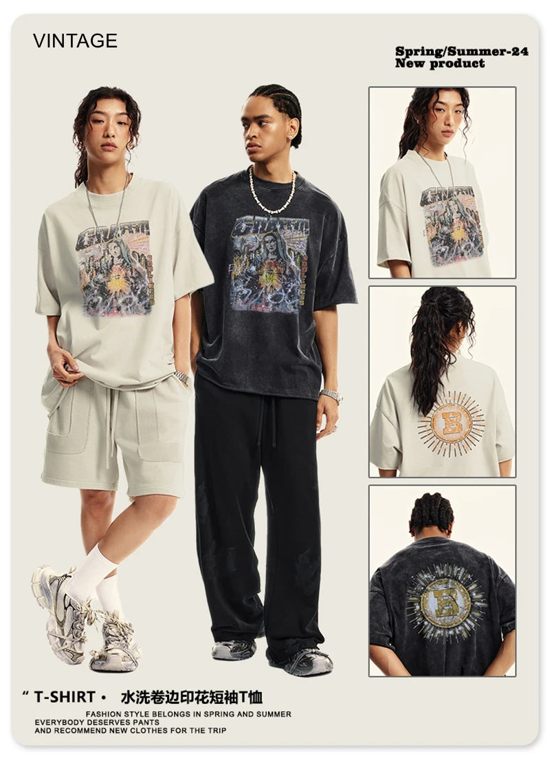 ZODF 2024 Summer 310GSM Cotton T-Shirts For Men Unisex Washed Comfortable High Street Printing T Shirt Tees HY0463