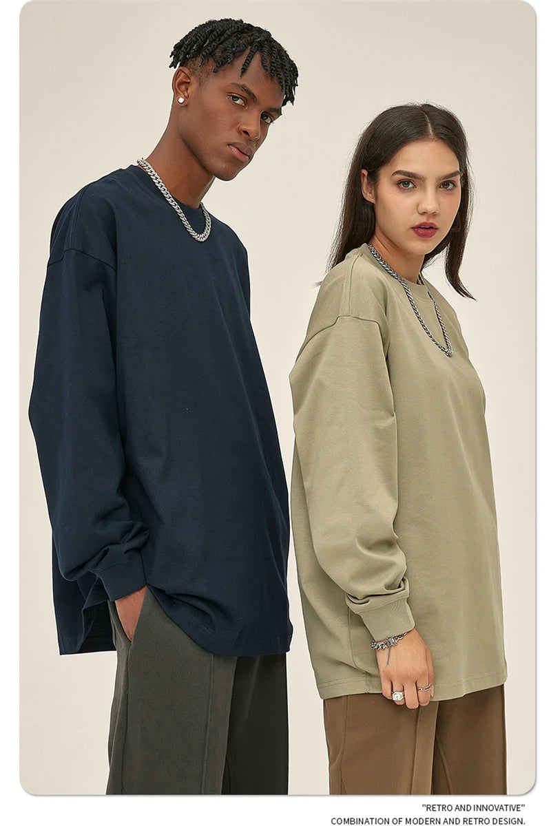 ZODF New 2025 Autumn Men 305gsm 100% Cotton T Shirt Unisex Loose Heavy Weight Basic Long Sleeve Solid T-Shirts Tops HY0634