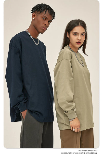 ZODF New 2025 Autumn Men 305gsm 100% Cotton T Shirt Unisex Loose Heavy Weight Basic Long Sleeve Solid T-Shirts Tops HY0634