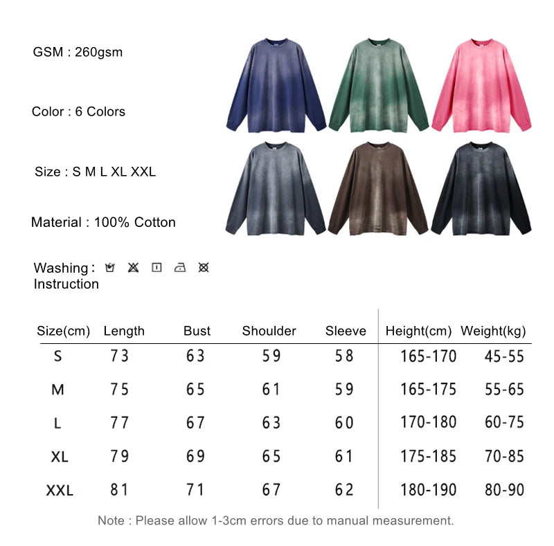 ZODF Retro Monkey Washed 260gsm Cotton T-Shirt For Men Unisex High Street Loose Full Sleeve T Shirt Brand Streetwear HY0406