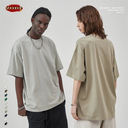 ZODF New Summer Men 275gsm Cotton T Shirts Unisex Women High Street Oversized FG Noshrink Solid T-Shirt Streetwears HY0152