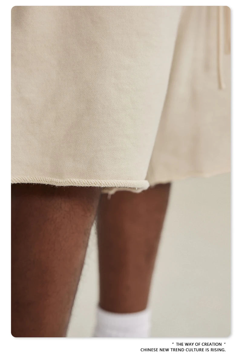 ZODF New Summer Men Retro Washed Shorts Unisex Drawstring Loose Edge 420gsm Solid Knee Length Cotton Pants Streetwears HY0589