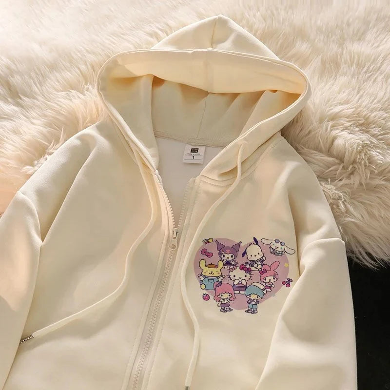 2025 New Sanrio Hello Kitty Jacket 2000s Zip Hoodie White Sweatshirt Young Women Fall Winter Kawaii Lolita Jacket Student Tops