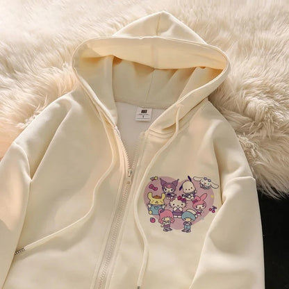 2025 New Sanrio Hello Kitty Jacket 2000s Zip Hoodie White Sweatshirt Young Women Fall Winter Kawaii Lolita Jacket Student Tops