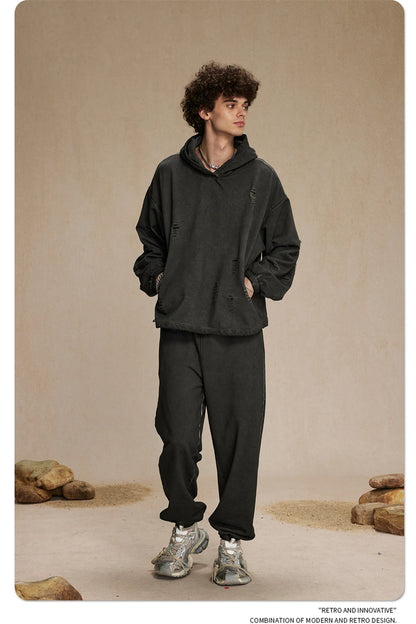 ZODF Vintage Winter Men Distressed 450gsm Hoodies Unisex High Street Ripped Holes Elastic Hem Hooded Pullovers Coat HY0932