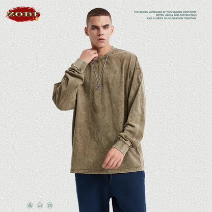 ZODF Retro Men Long Sleeve Washed Cotton T Shirt Unisex Loose 250gsm Basic Atumn TEES Tops Brand Streetwears HY0394