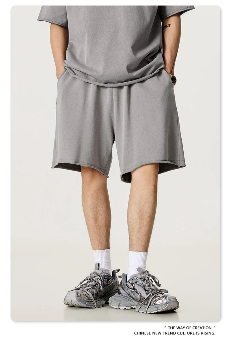 ZODF Retro Summer Washed 370gsm Cotton Shorts For Men Unisex High Street Loose Edge Distressed Solid Shorts Brand Clothes HY1023