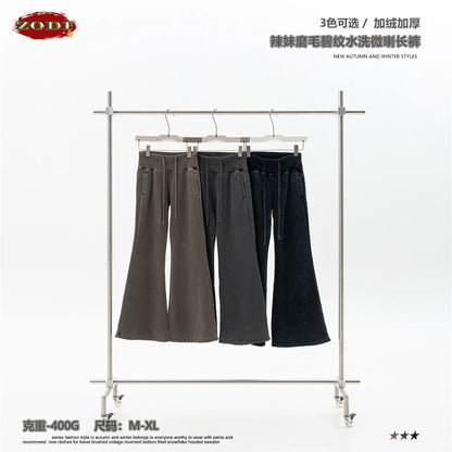 ZODF Retro Winter Women 400gsm Fleece Flared Pants Casual Girls Female Slim Fit Warm Washed Distressed Trousers HY1142
