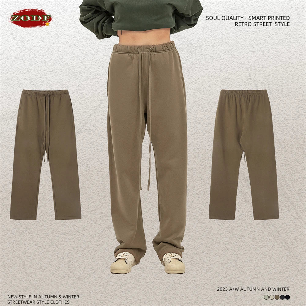 ZODF Fashion 2024 Men Loose Straight Pants Unisex 365gsm Retro Comfortable Sport Solid Drawstring Trousers HY0588