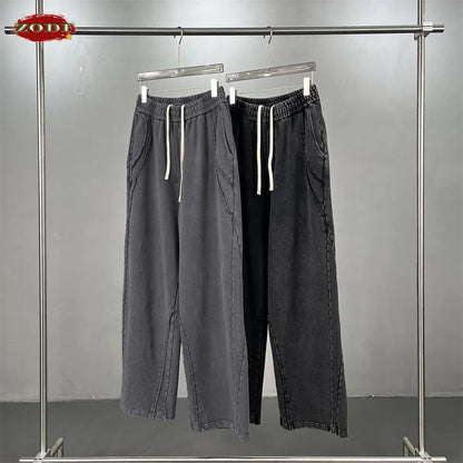 ZODF Retro 2025 Autumn Man Washed Cotton Straight Pants Unisex 430gsm Distressed Patchwork Oversized Trousers Sweatpants HY1168