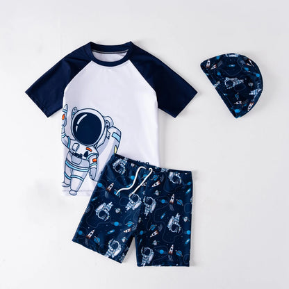 Boys Swimsuit 2025 3-Pieces Set Cute Cartoon Shark Print Kids Beach Suit Short Sleeve Swimwear with Swim Hat Toddler BeachWear
