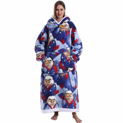 Oversized Blanket Hoodie for Adults Blue Leopard Cartoon Long Plush Thick Wearable Blanket with Sleeves Women Man Winter Clothes